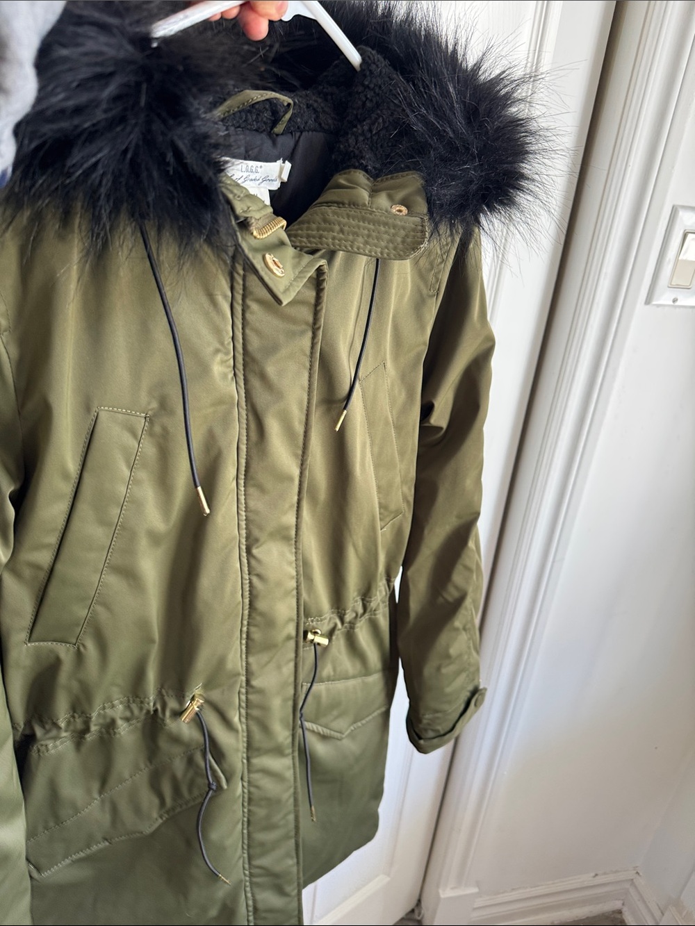 H&M Olive Green Hooded Parka Coat with Faux Fur Trim
